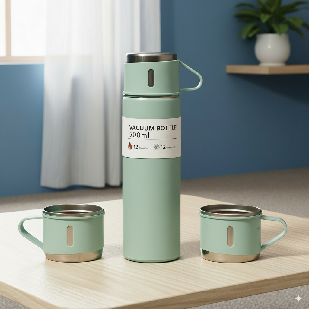 Vacuum Flask 500ml With 3 Cups Sea Green Color