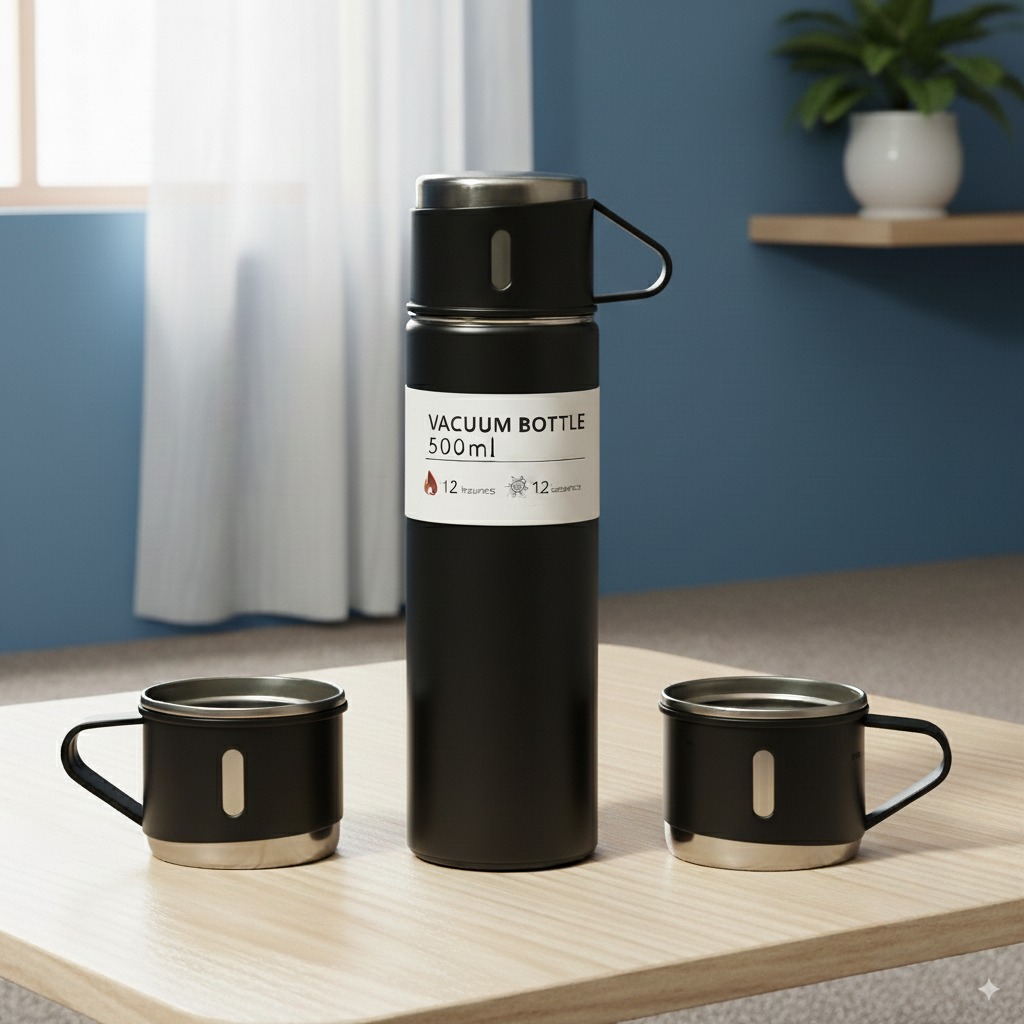 Vacuum Flask 500ml With 3 Cups Black Color